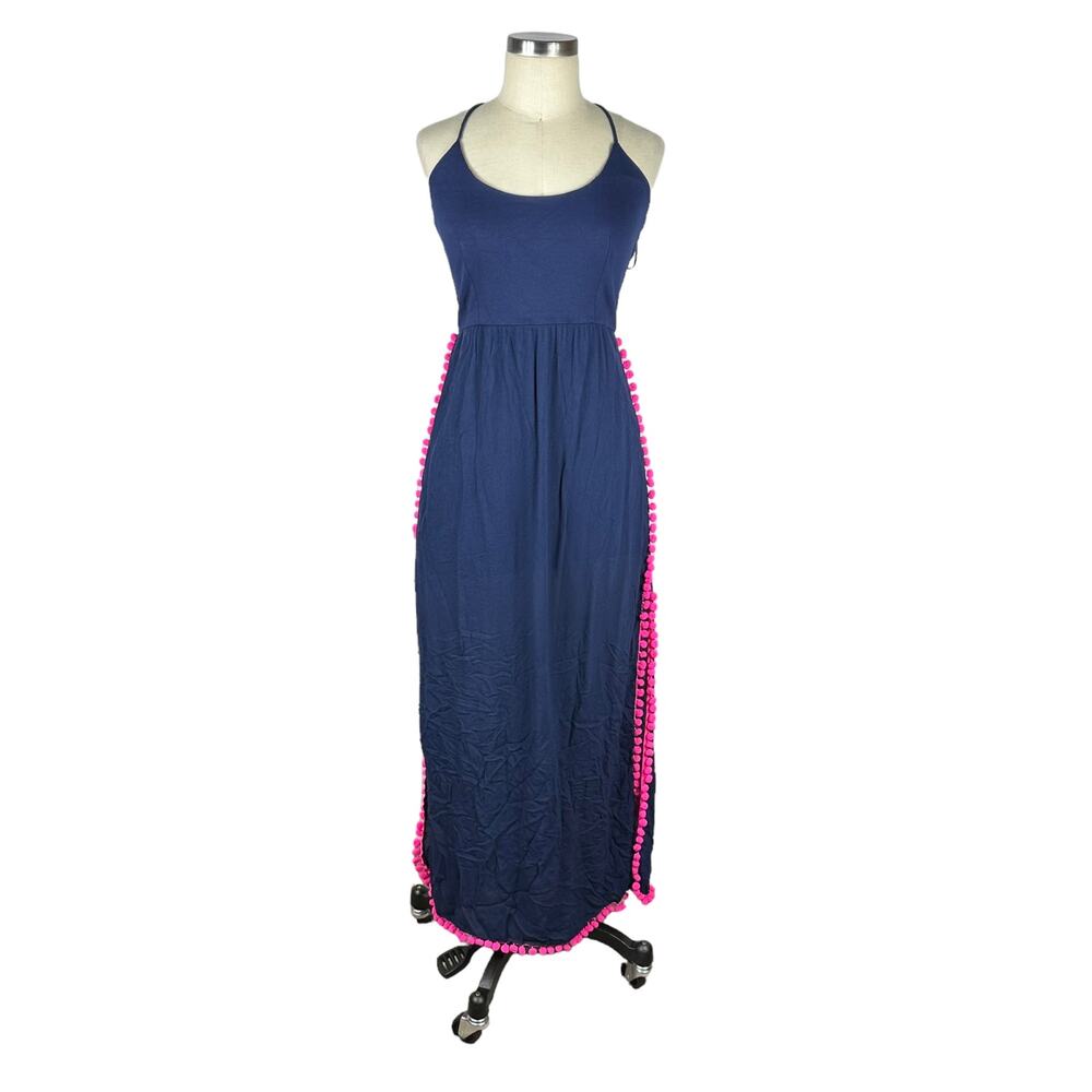 HUTCH Anthropologie Navy Blue Pink Pom Pom Maxi Long Dress Size Small Summer